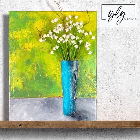 Original Art Floral Mixed Media Acrylic Painting Green Teal White Tall Vase - Picture 1 of 7